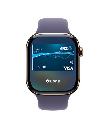 Apple Watch Series 11, gold colour, titanium case, Apple Pay, right side exterior, Digital Crown, purple fog Sport Band