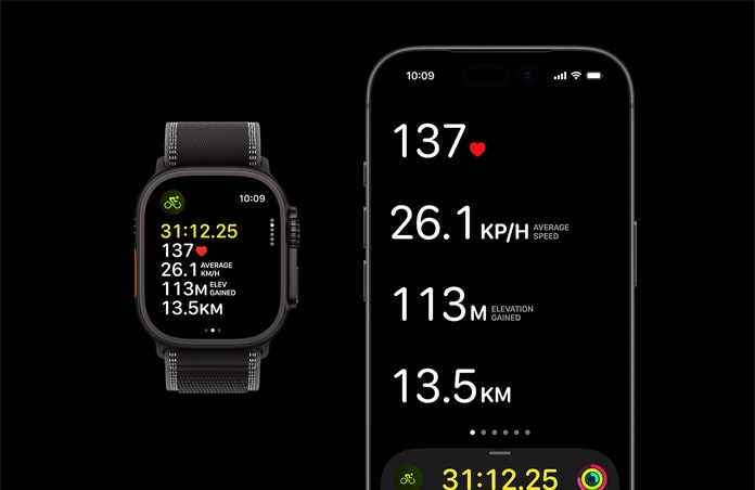 Apple Watch Ultra 3, черен цвят, титанов корпус, Trail Loop, цвят черно/въглен, iPhone, метрики за активна тренировка, отворени и на двете устройства