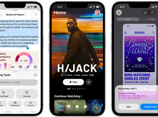 Едно до друго iPhone 17e устройства показват различни екрани: гейминг, Инструменти за писане, Apple TV приложението, събитие в календара, създаване на Genmoji