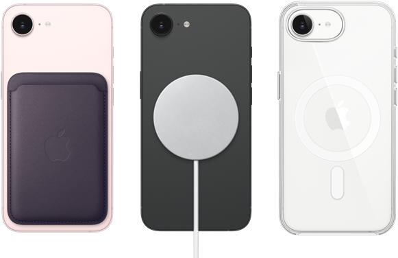 iPhone 17e, заден екстериор, нежно розов цвят, FineWoven Wallet с MagSafe, iPhone 17e, заден екстериор, черен цвят, закачен MagSafe Charger, iPhone 17e, заден екстериор, бял цвят, Clear Case с MagSafe