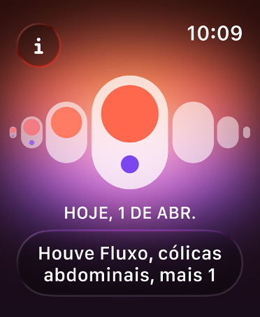 Acompanhamento de Ciclo no app Saúde, com pontos laranjas e roxos destacando diferentes sintomas da menstruação.