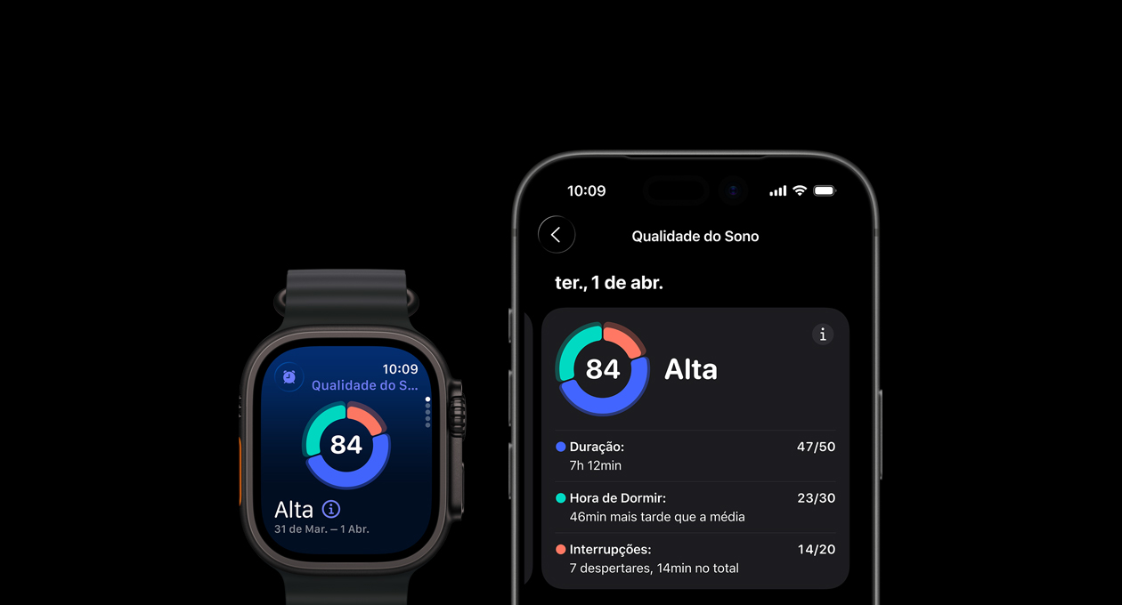 Um Apple Watch Ultra 3 mostra o gráfico em círculo com a pontuação do sono e a classificação, com a análise completa aberta no iPhone emparelhado
