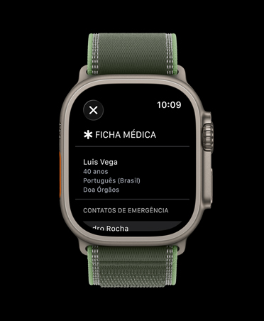 Apple Watch Ultra 3, caixa natural de titânio, tela de Ficha Médica