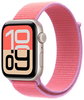 Apple Watch SE 3, aluminum case, starlight colour, Flux watch face, right side exterior, Digital Crown, microphone, side button, Sport Loop band, bright guava colour (hot pink with lavender edging), hook-and-loop fastener