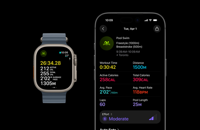 Apple Watch Ultra 3, natural colour, titanium case, Pool Swim workout metrics, full analysis on paired iPhone