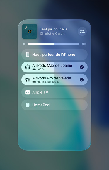 L’écran AirPlay sur iPhone montrant à quel point il est facile de partager une diffusion audio entre deux paires d’AirPods