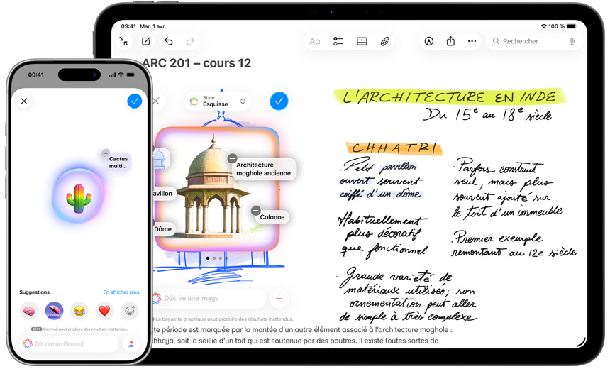 iPhone et iPad montrant un Genmoji qui crée un cactus arc-en-ciel et la baguette graphique qui transforme une esquisse en pavillon moghol.