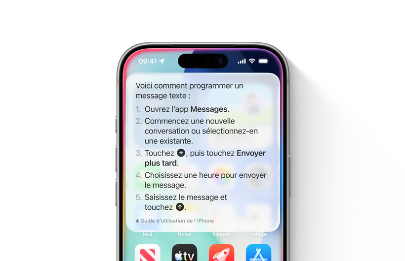 Un iPhone où est affichée une explication détaillée de la marche à suivre pour programmer l’envoi d’un texto
