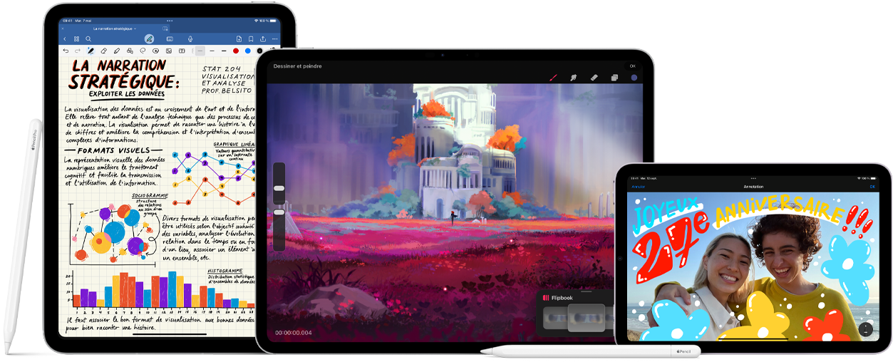 Image d’un Apple Pencil Pro et d’un Apple Pencil USB-C à côté de plusieurs iPad affichant des exemples de notes manuscrites et d’illustrations colorées créées avec l’Apple Pencil.