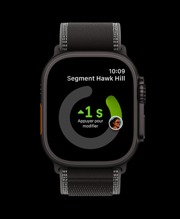 Apple Watch Ultra 3, noir, boîtier en titane, app Strava, tuiles d’entraînement : Course à l’extérieur, Vélo d’extérieur, Course à l’intérieur, bracelet, Sentier, noir/charbon