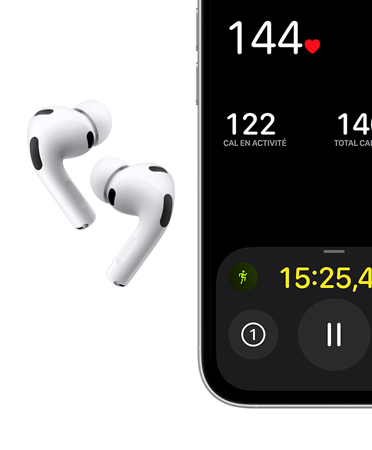 AirPods Pro 3, blancs, écouteurs, embouts de silicone, microphone, iPhone, séance de course à l’extérieur à l’écran
