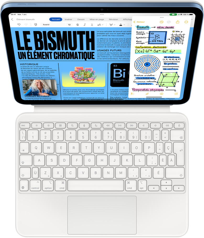 iPad fixé au Magic Keyboard Folio, écran affichant Microsoft Word et Notes en Slide Over, avec appel FaceTime en cours.