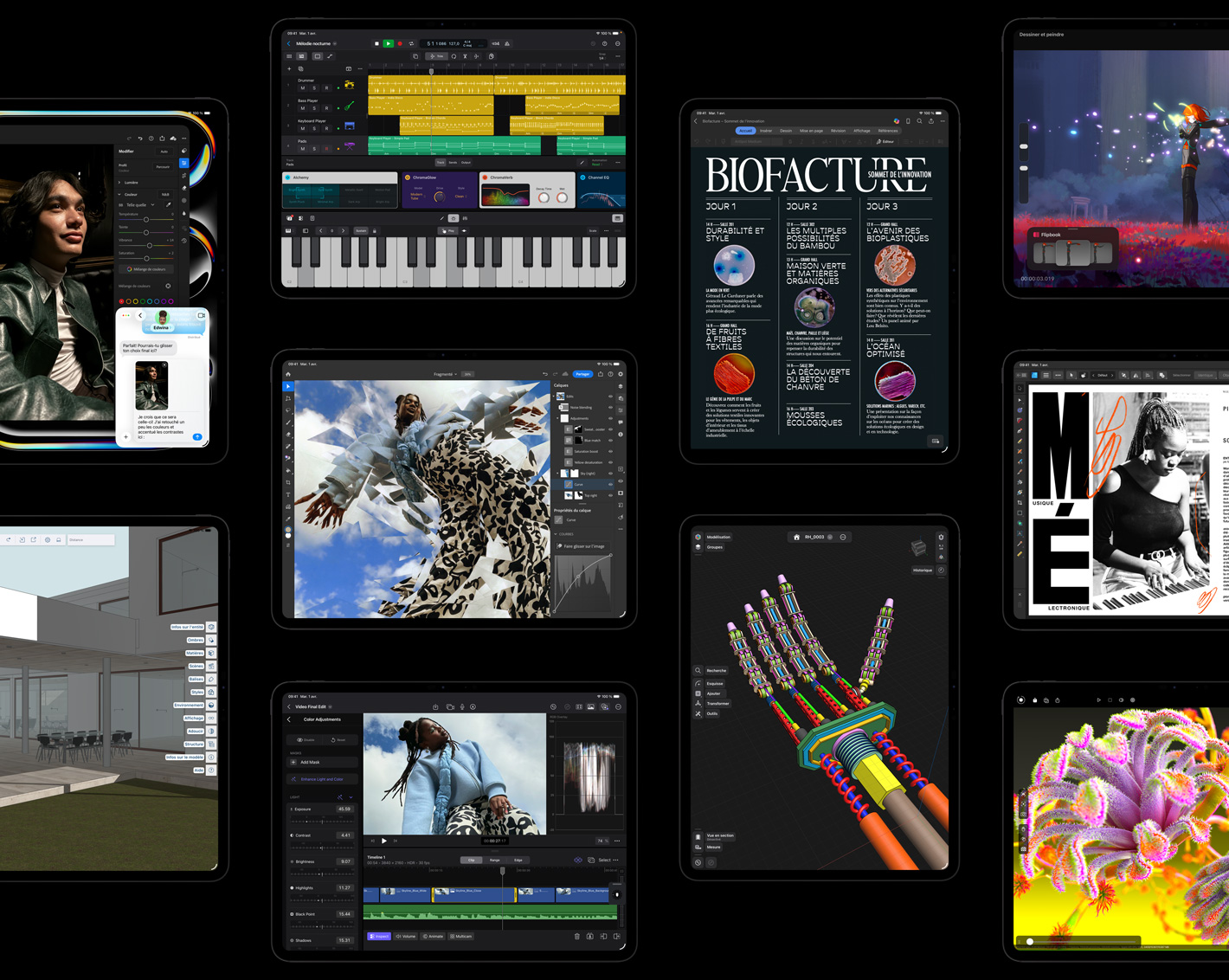 Plusieurs écrans d’iPad Pro affichant l’interface iPadOS et des projets créatifs ouverts dans différentes apps comme Logic Pro, Adobe Lightroom, Adobe Photoshop, Trimble SketchUp, Microsoft Word, Procreate Dreams, Affinity Designer 2, Shapr3D et Octane X