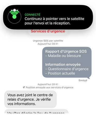 Fonctionnalité Urgence SOS par satellite en cours d’utilisation, contactant les services d’urgence pour une personne malade ou blessée