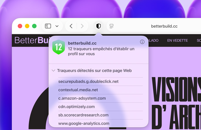 Fonctionnalité Rapport de confidentialité en action dans Safari, montrant la liste des traqueurs multidomaines qui n’ont pu établir de profil sur la personne utilisatrice
