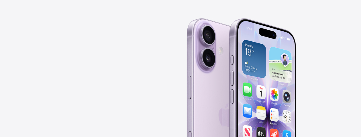 iPhone 17 in lavender finish, front exterior with partial Home Screen displayed, side angle shows Action and volume buttons. Back exterior shows Dual Fusion Camera System in top left corner, camera control button