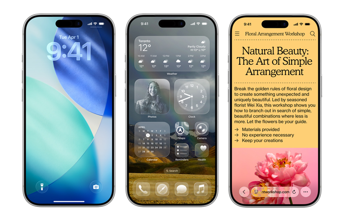 iPhone devices side by side, showing various new design elements across iOS, like the Lock Screen with translucent Liquid Glass time numerals and a Home Screen with Liquid Glass clear app icons