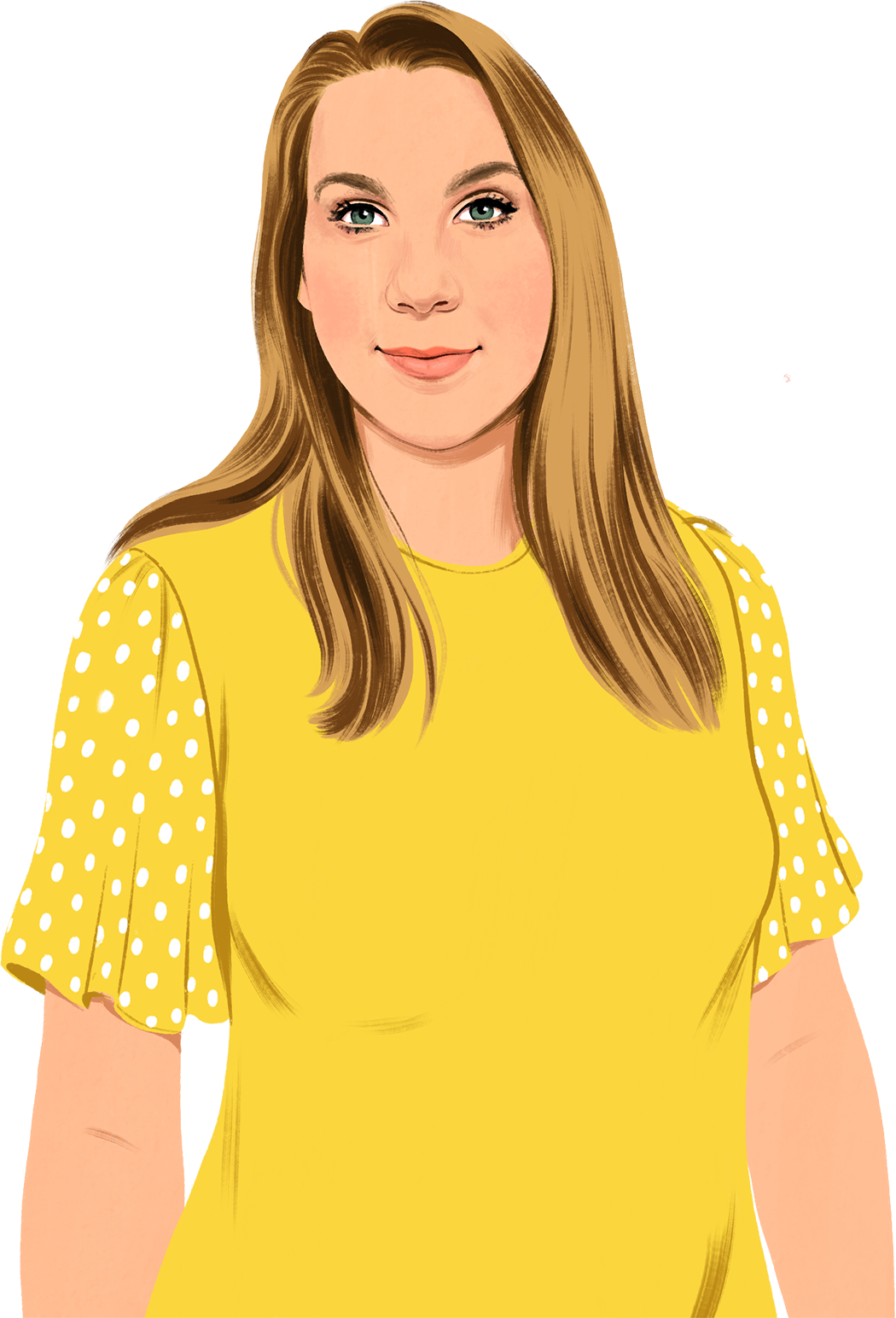 Piirretty muotokuva hymyilevästä Jenniferistä, joka katsoo lukijaan. Kuvaan tulee näkyviin piirrettyjä, leijailevia vihreitä lehtiä.