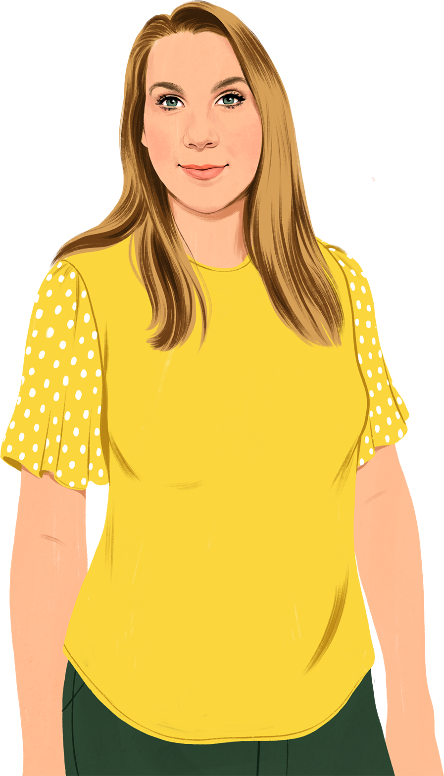 Piirretty muotokuva hymyilevästä Jenniferistä, joka katsoo lukijaan. Kuvaan tulee näkyviin piirrettyjä, leijailevia vihreitä lehtiä.