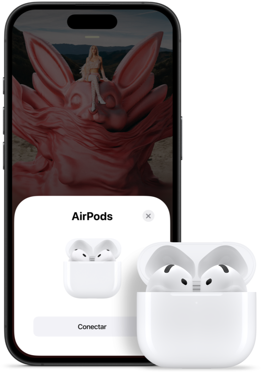 Un estuche de carga abierto con los AirPods 4 en su interior junto a un iPhone que muestra que los audífonos se han conectado.