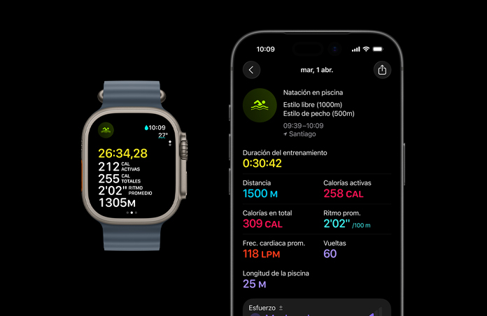 Apple Watch Ultra 3, color natural, caja de titanio, métricas del entrenamiento Natación en Piscina, análisis completo en un iPhone enlazado