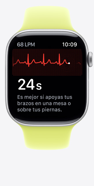 Apple Watch Series 11, caja de aluminio, color plata, app ECG, latidos por minuto en la esquina superior derecha, línea de ritmo cardiaco y temporizador al centro, correa deportiva, color amarillo neón