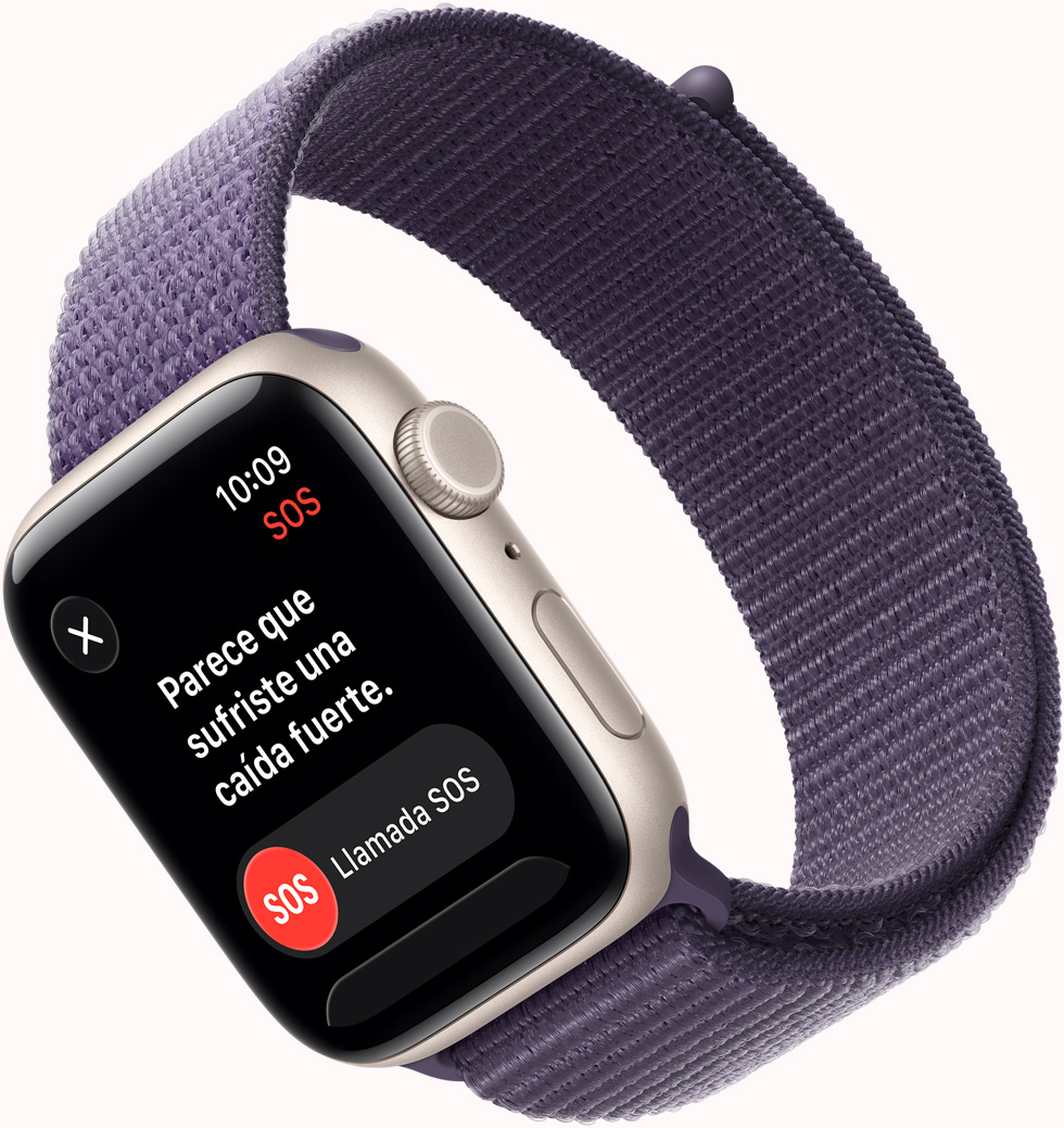 Apple Watch SE 3, caja de aluminio, color blanco estelar, notificación SOS de Detección de Caídas, botón de llamada de emergencia, parte lateral derecha, Digital Crown, micrófono, botón lateral, correa loop deportiva, color morado niebla