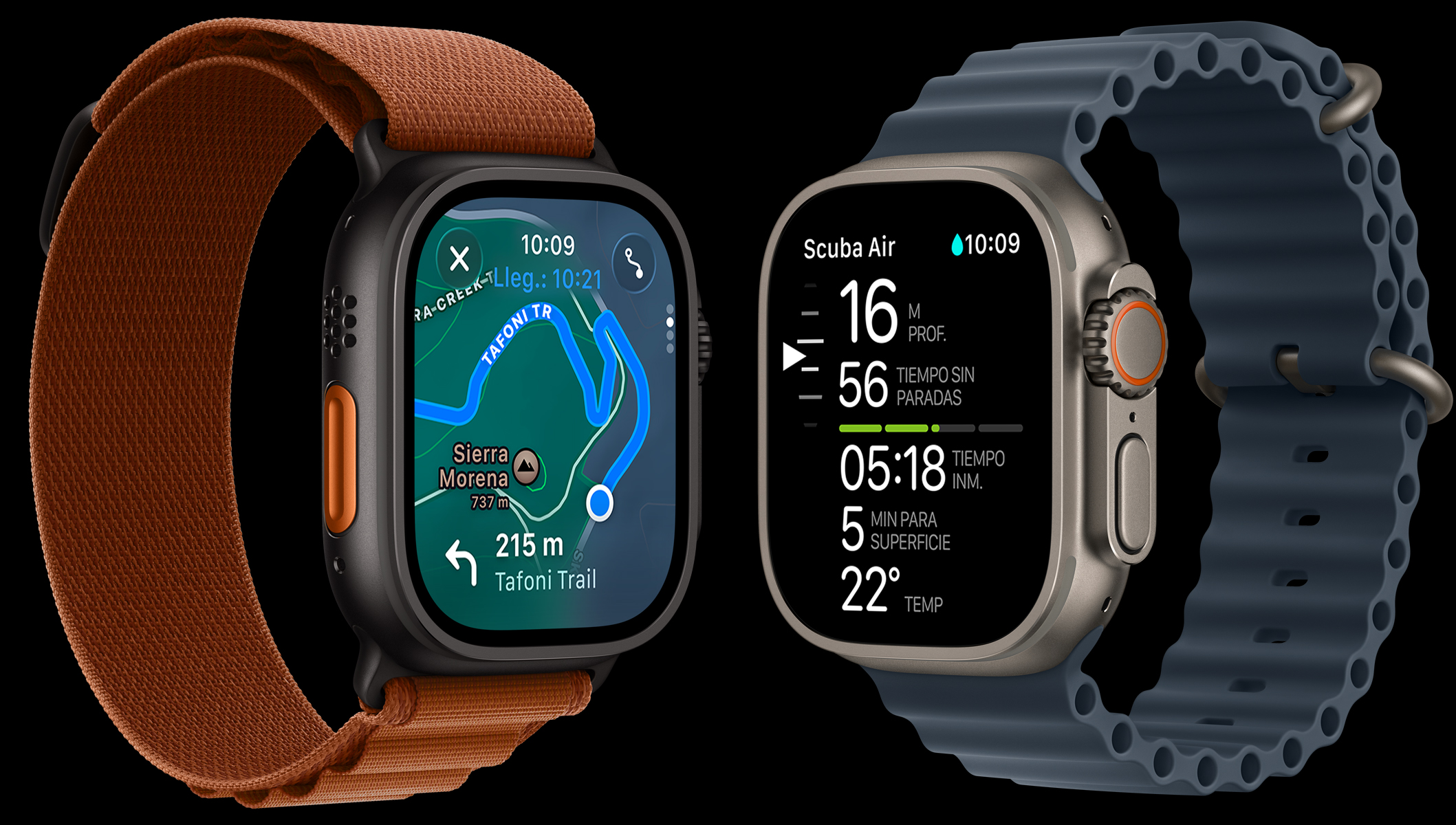 Dispositivos Apple Watch Ultra 3, cajas de titanio, colores negro y natural, mapa de un sendero, métricas de buceo