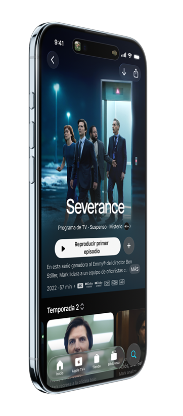 Un iPhone Air, parte frontal, parte lateral, con las apps Mapas, Música y Apple TV, que muestra la funcionalidad Selector de Apps en uso