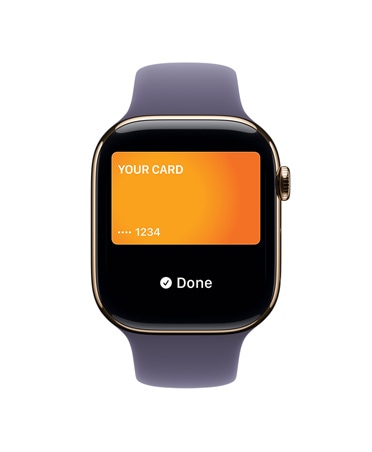 Apple Watch Series 11, zlatá barva, titanové pouzdro, Apple Pay, na pravém boku korunka Digital Crown, mlžně fialový sportovní řemínek 