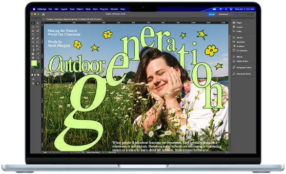 MacBook Air se zobrazenými projekty v Adobe InDesignu