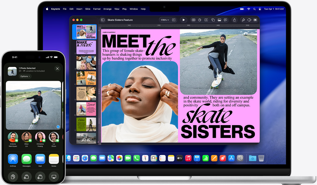 iPhone 16 Plus s otevřenou aplikací Fotky, 13palcový MacBook Air s otevřenou prezentací v Keynotu, stejná fotka z iPhonu zobrazená na snímku