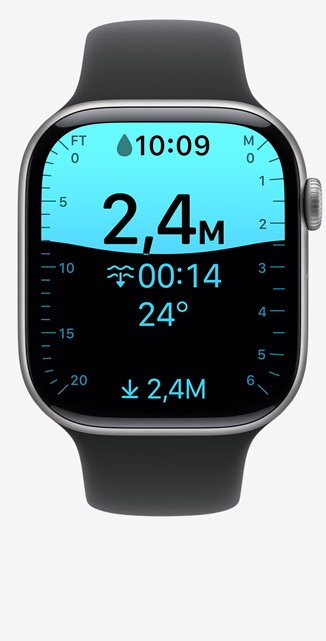 Apple Watch Series 11, aluminum case, space gray color, Depth app screen, dive at 8 feet