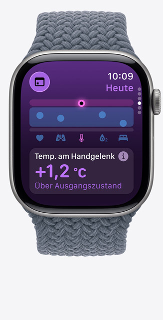 Apple Watch Series 11,  titanium case, slate color, Vitals app, chart scoring health, wrist temperature above baseline notification, right side, Digital Crown, anchor blue Braided Solo Loop