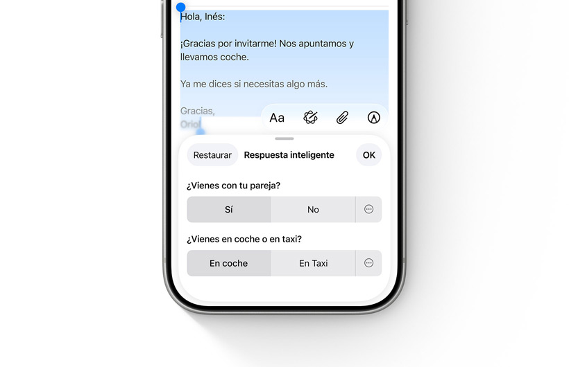 Las opciones de Respuesta Inteligente de la app Mail en un iPhone.