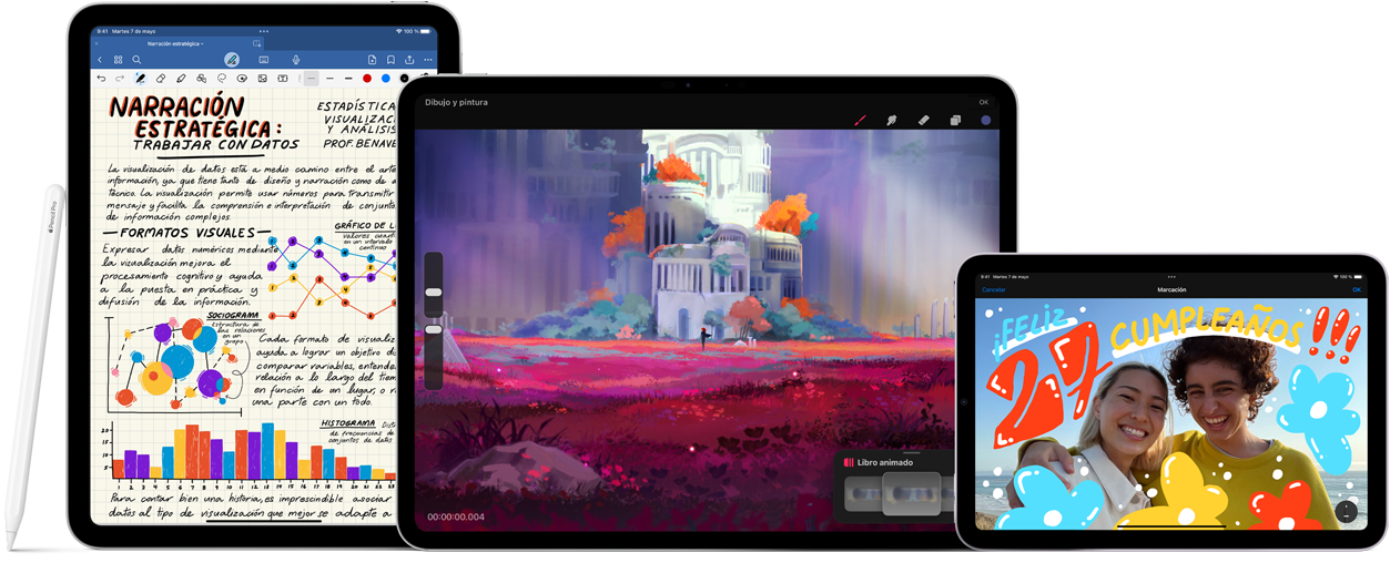 Imagen de un Apple Pencil Pro y un Apple Pencil USB-C al lado de varios iPad que muestran ejemplos de notas manuscritas e ilustraciones a todo color creadas con el Apple Pencil.