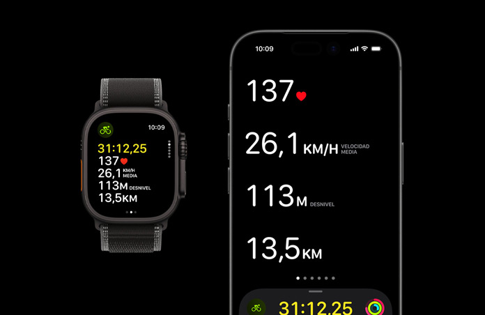 Apple Watch Ultra 3, caja de titanio, color negro, correa Loop Trail, color negro/carbón, iPhone, métricas de entreno activo en ambos dispositivos