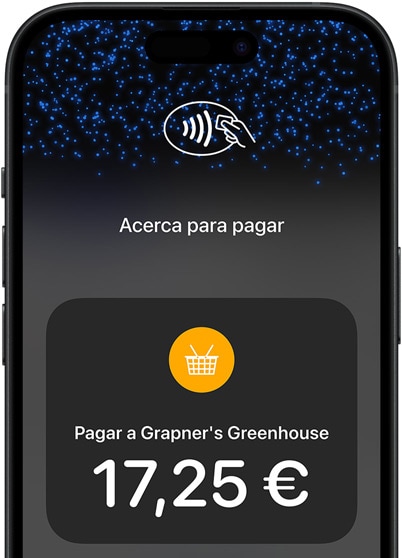 Un primer plano de la pantalla de un dispositivo iPhone que tiene el símbolo de pago sin contacto y la información de la transacción en la pantalla.