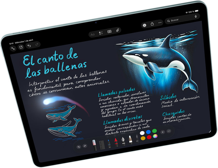 iPad Air en horizontal que muestra Apple Intelligence con Image Playground y Keynote, con un Apple Pencil Pro