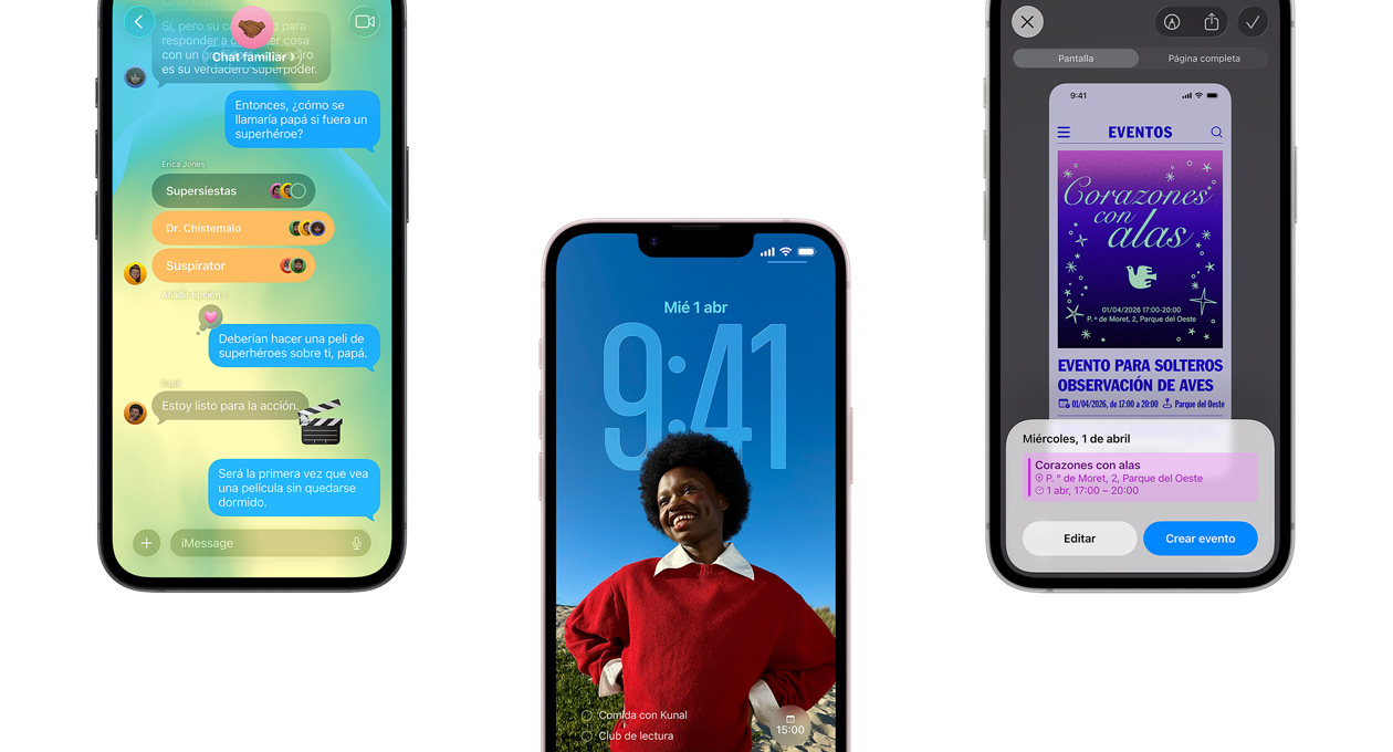 Tres iPhone 17e, parte delantera, se muestra la app Mensajes con el diseño Liquid Glass, la pantalla de bloqueo dinámica y la prestación de captura de pantalla con un evento de Calendario