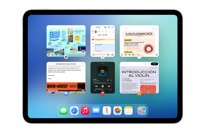 La pantalla de un iPad en posición horizontal muestra seis ventanas abiertas alineadas en dos filas, entre ellas las apps Calendario, Notas, Música y Safari