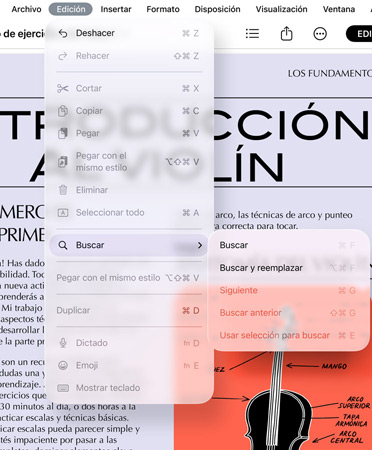 Primer plano de la barra de menús con las opciones de Deshacer, Rehacer, Cortar, Copiar, Pegar y más
