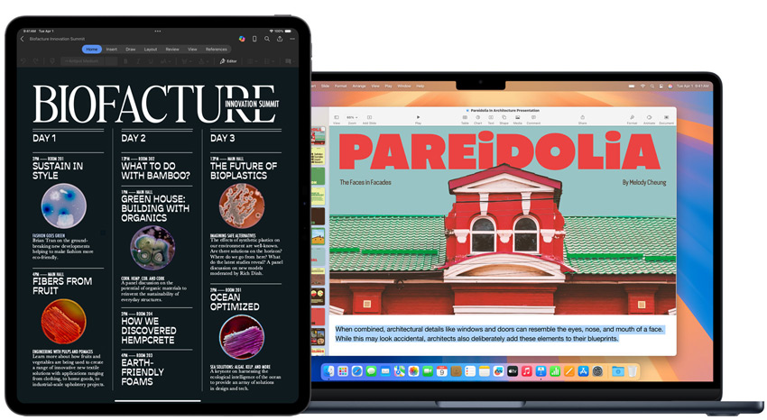 En iPad och en MacBook med skolprojekt på skärmen.