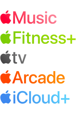 Logos verschiedener Apple Aboservices, einschliesslich Apple Music, Fitness+, Apple TV+, Apple Arcade, iCloud+