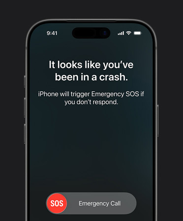 Vista frontal do iPhone 17 Pro, com cantos arredondados, a mostrar a funcionalidade Deteção de acidente em utilização