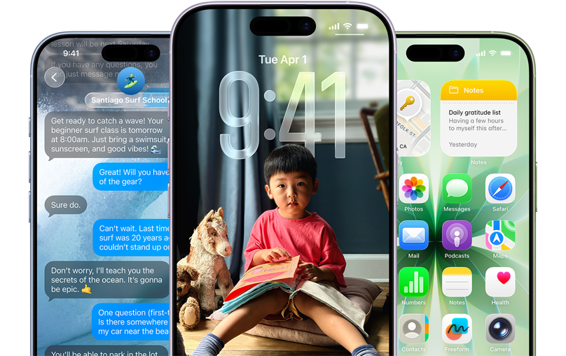 iPhone 17-modeller vist forfra i farverne: støvet lyseblå, lavendel og salviegrøn. iOS-funktioner – baggrund med beskeder, Liquid Glass, der viser låseskærmen og hjemmeskærmen med forskellige apps