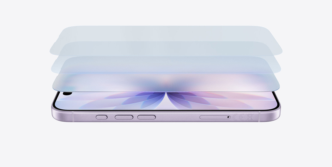 iPhone 17 en finition lavande, à l’horizontale, avec un schéma en couches illustrant le Ceramic Shield 2