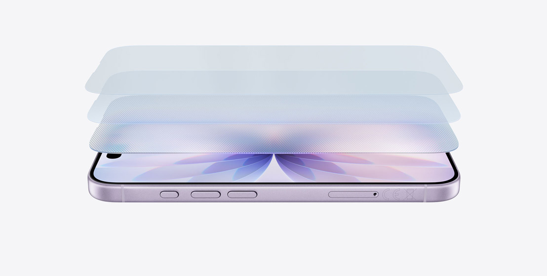 iPhone 17 en finition lavande, à l’horizontale, avec un schéma en couches illustrant le Ceramic Shield 2