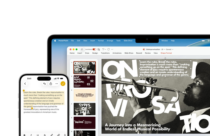 iPhone 16 Plus with text highlighted in the Notes app, Macbook Air with a PowerPoint slide open, text from Notes app is visible on the slide