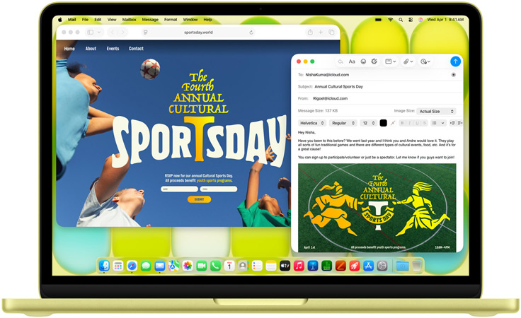 MacBook Neo i farven citrus med hænder på tastaturet, brugeren skriver en mailinvitation til en sportsbegivenhed, websitet for begivenheden vises også